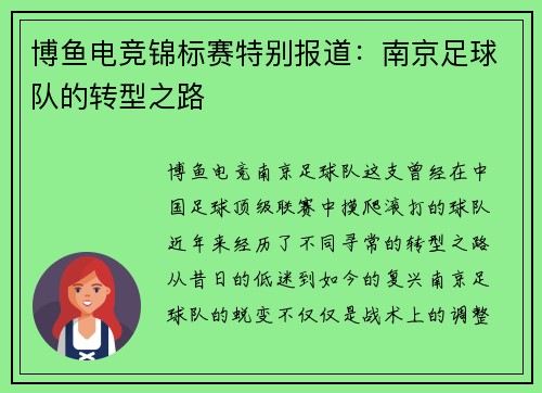 博鱼电竞锦标赛特别报道：南京足球队的转型之路